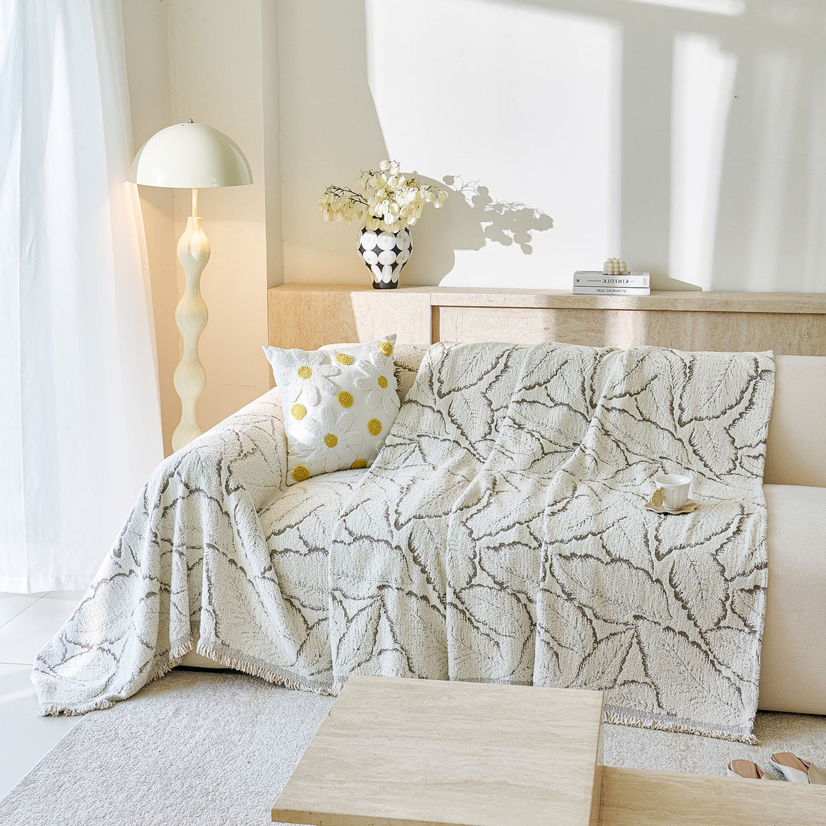 Boho Botanical Plush Sofa Throw Cover, Textured Leaf Pattern Slip Covers for Furniture