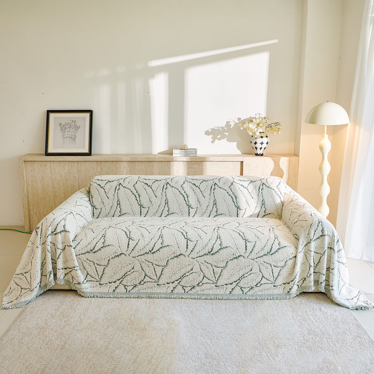 Boho Botanical Plush Sofa Throw Cover, Textured Leaf Pattern Slip Covers for Furniture