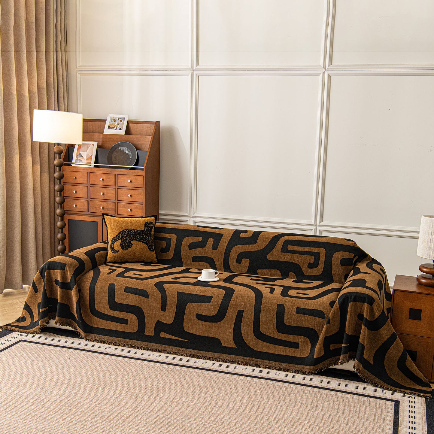Modern Boho Chenille Sofa Cover Throw Blanket, Abstract Geometric Pattern Couch Cover