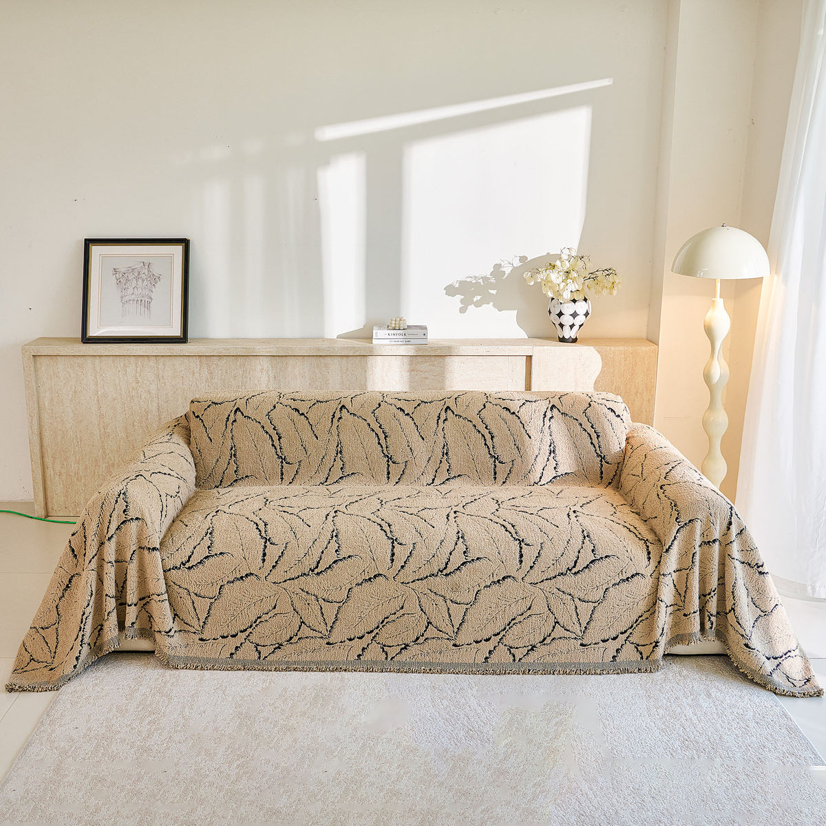 Boho Botanical Plush Sofa Throw Cover, Textured Leaf Pattern Slip Covers for Furniture