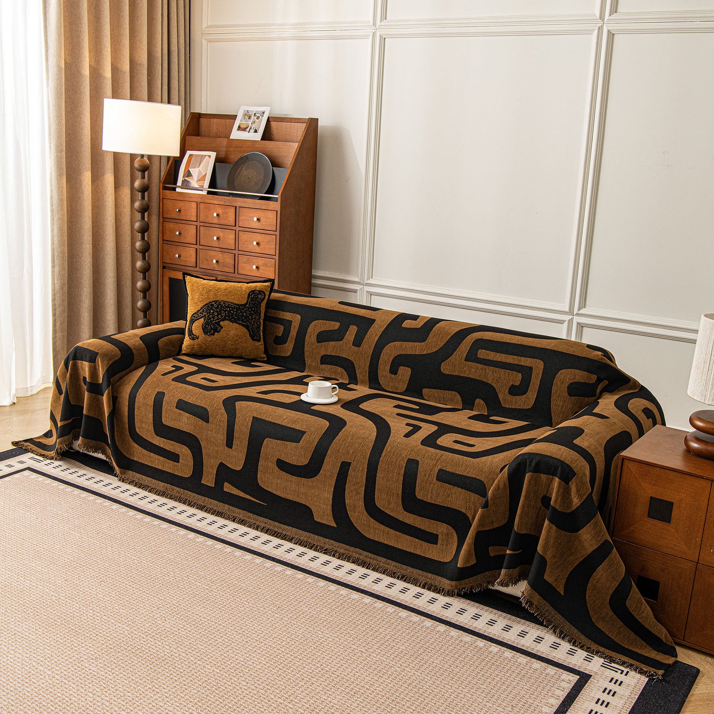 Modern Boho Chenille Sofa Cover Throw Blanket, Abstract Geometric Pattern Couch Cover