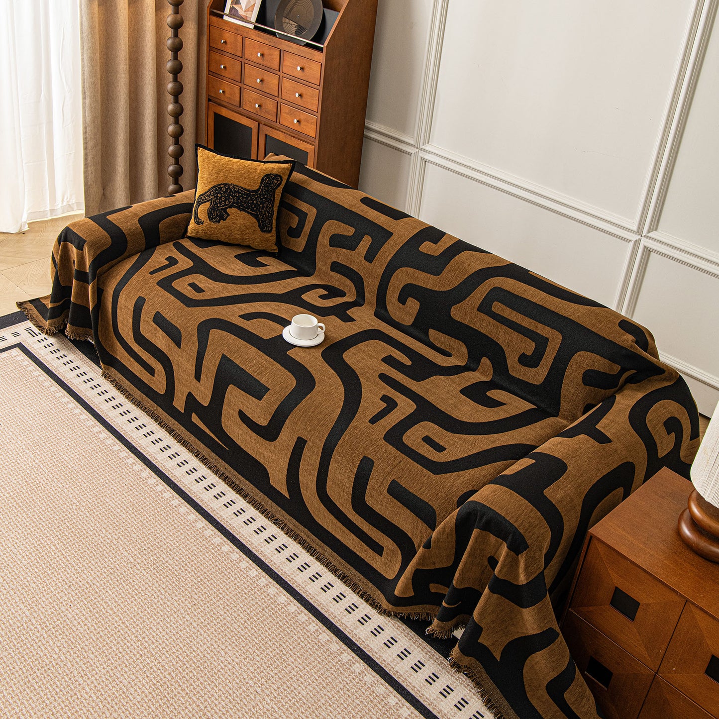 Modern Boho Chenille Sofa Cover Throw Blanket, Abstract Geometric Pattern Couch Cover
