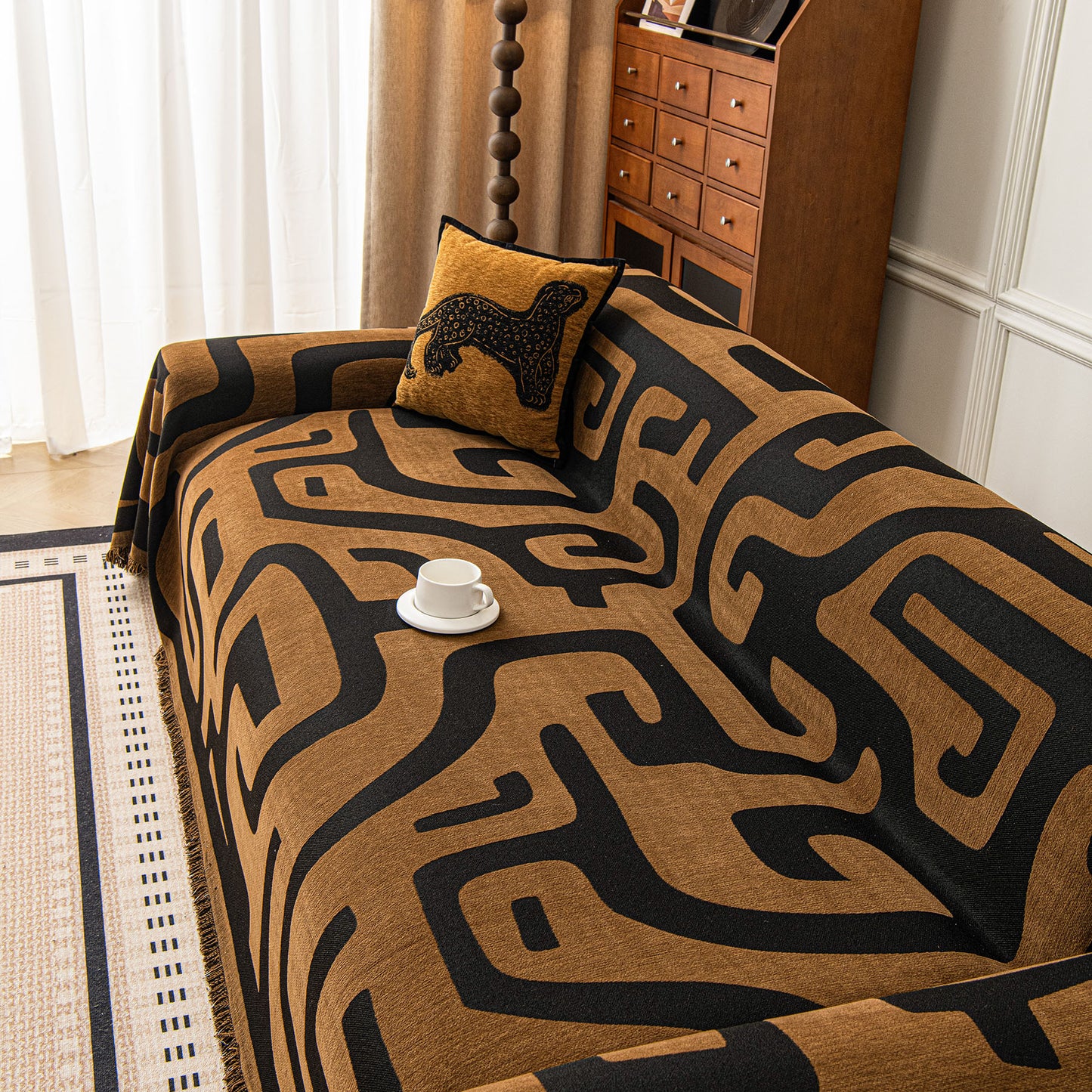Modern Boho Chenille Sofa Cover Throw Blanket, Abstract Geometric Pattern Couch Cover