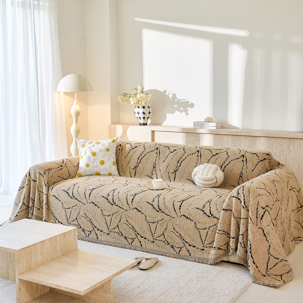 Boho Botanical Plush Sofa Throw Cover, Textured Leaf Pattern Slip Covers for Furniture