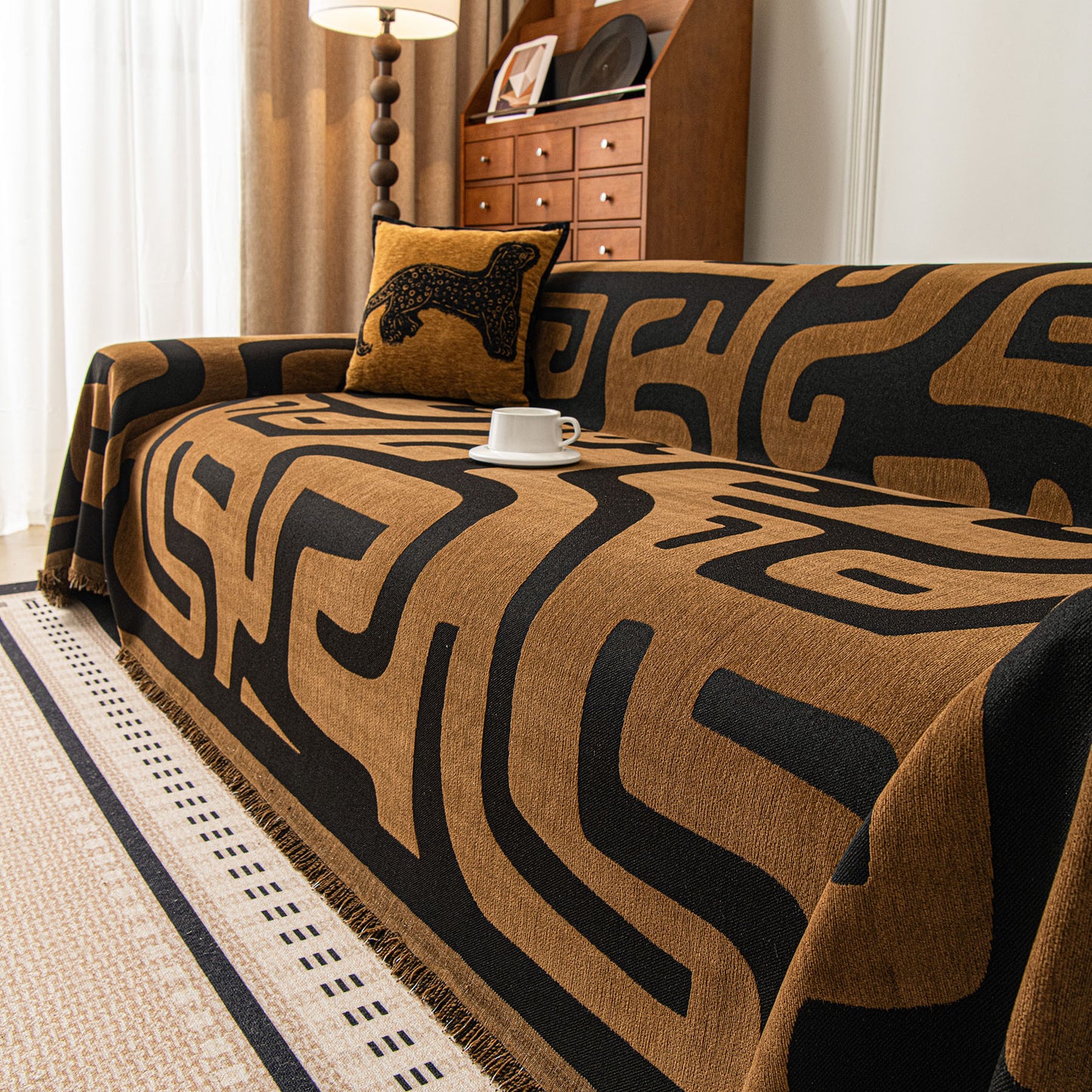 Modern Boho Chenille Sofa Cover Throw Blanket, Abstract Geometric Pattern Couch Cover