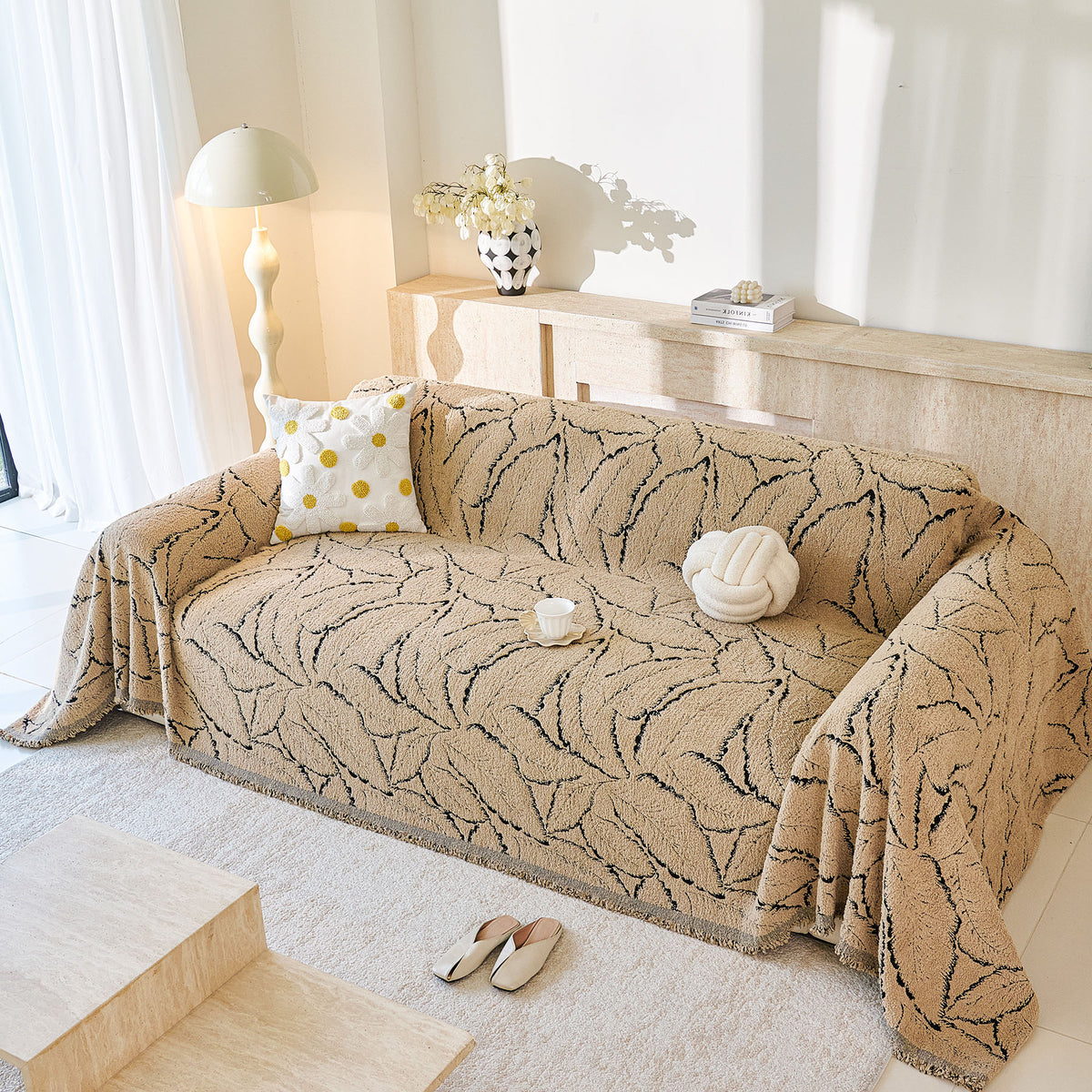 Boho Botanical Plush Sofa Throw Cover, Textured Leaf Pattern Slip Covers for Furniture