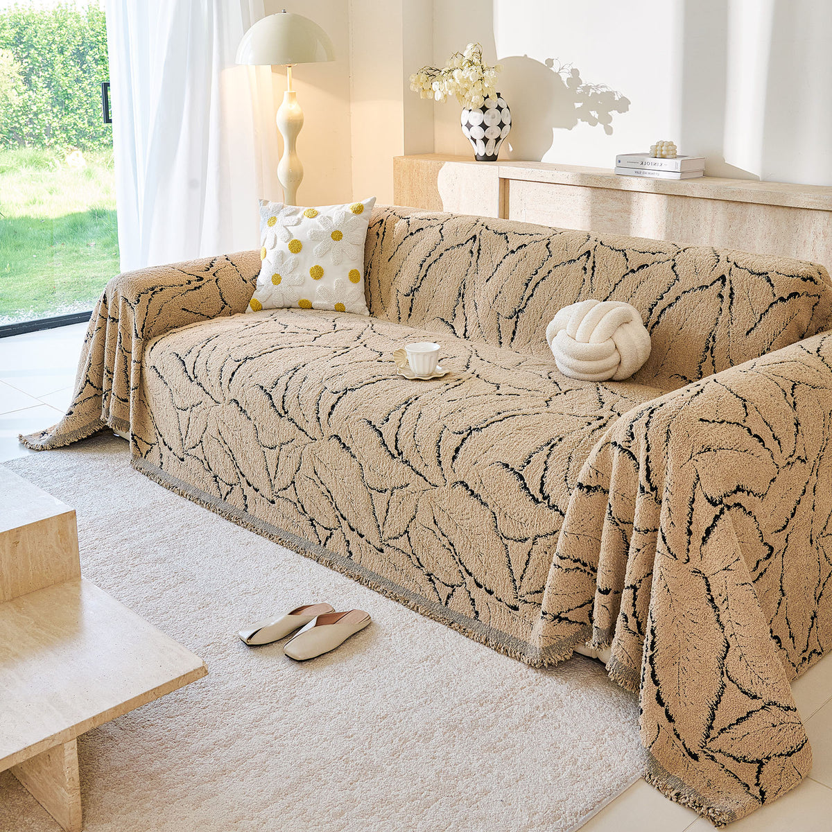 Boho Botanical Plush Sofa Throw Cover, Textured Leaf Pattern Slip Covers for Furniture