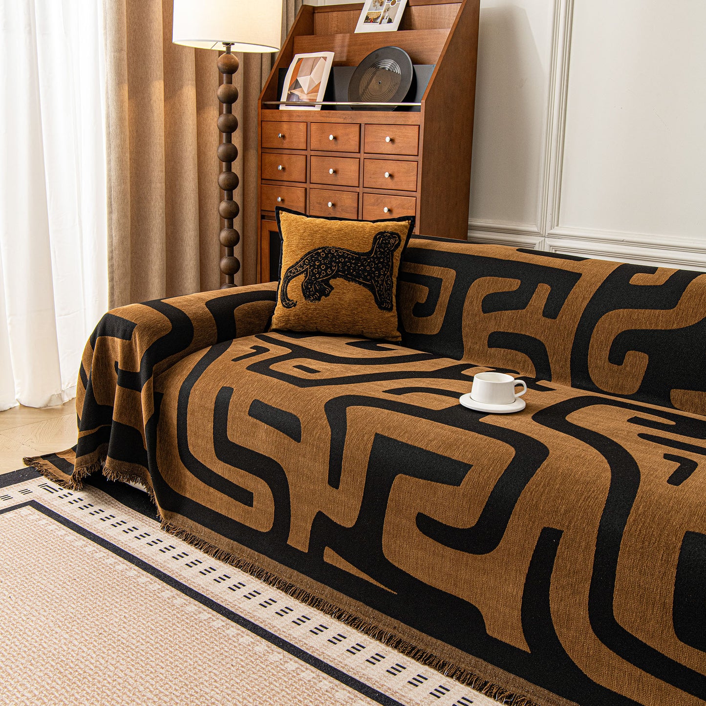 Modern Boho Chenille Sofa Cover Throw Blanket, Abstract Geometric Pattern Couch Cover