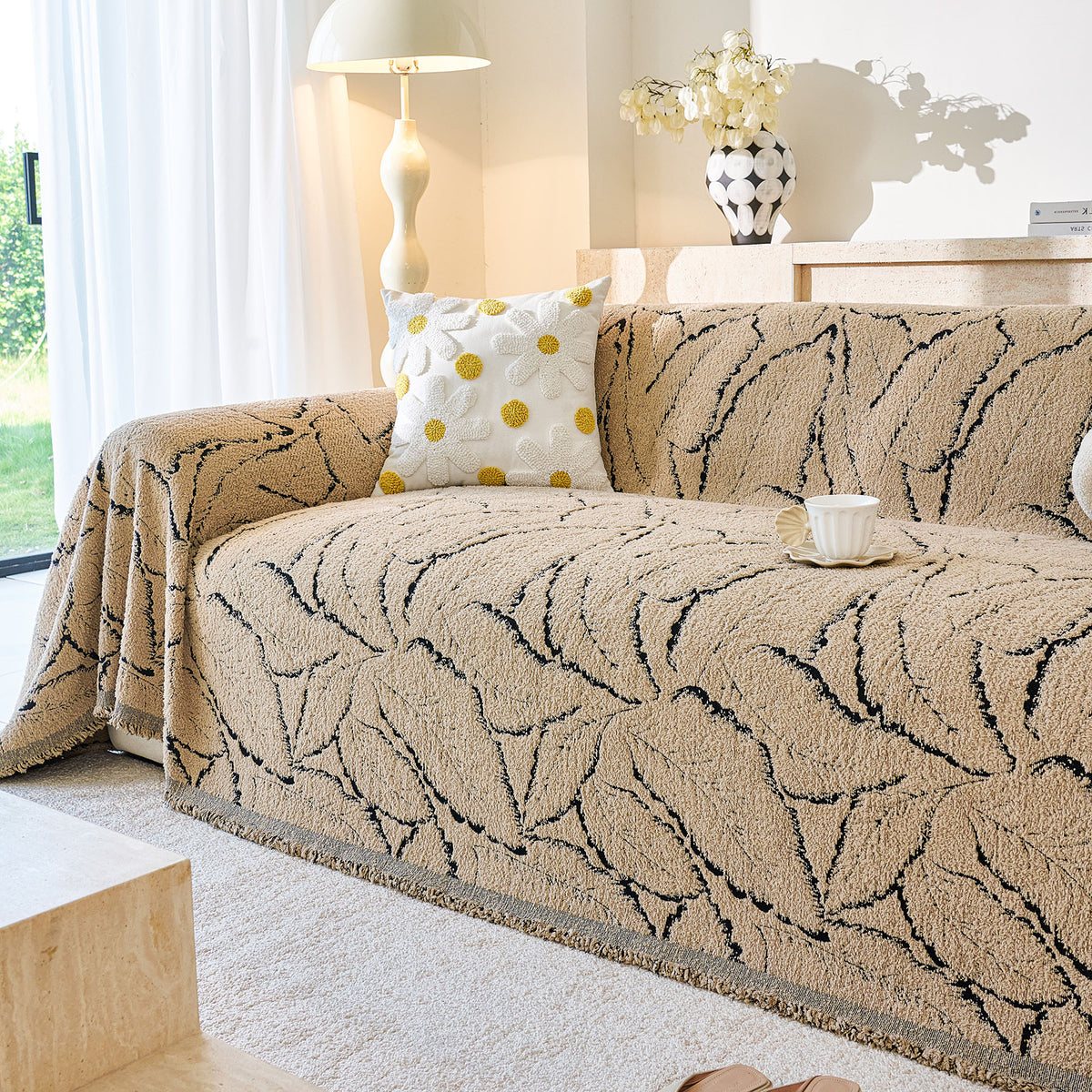 Boho Botanical Plush Sofa Throw Cover, Textured Leaf Pattern Slip Covers for Furniture