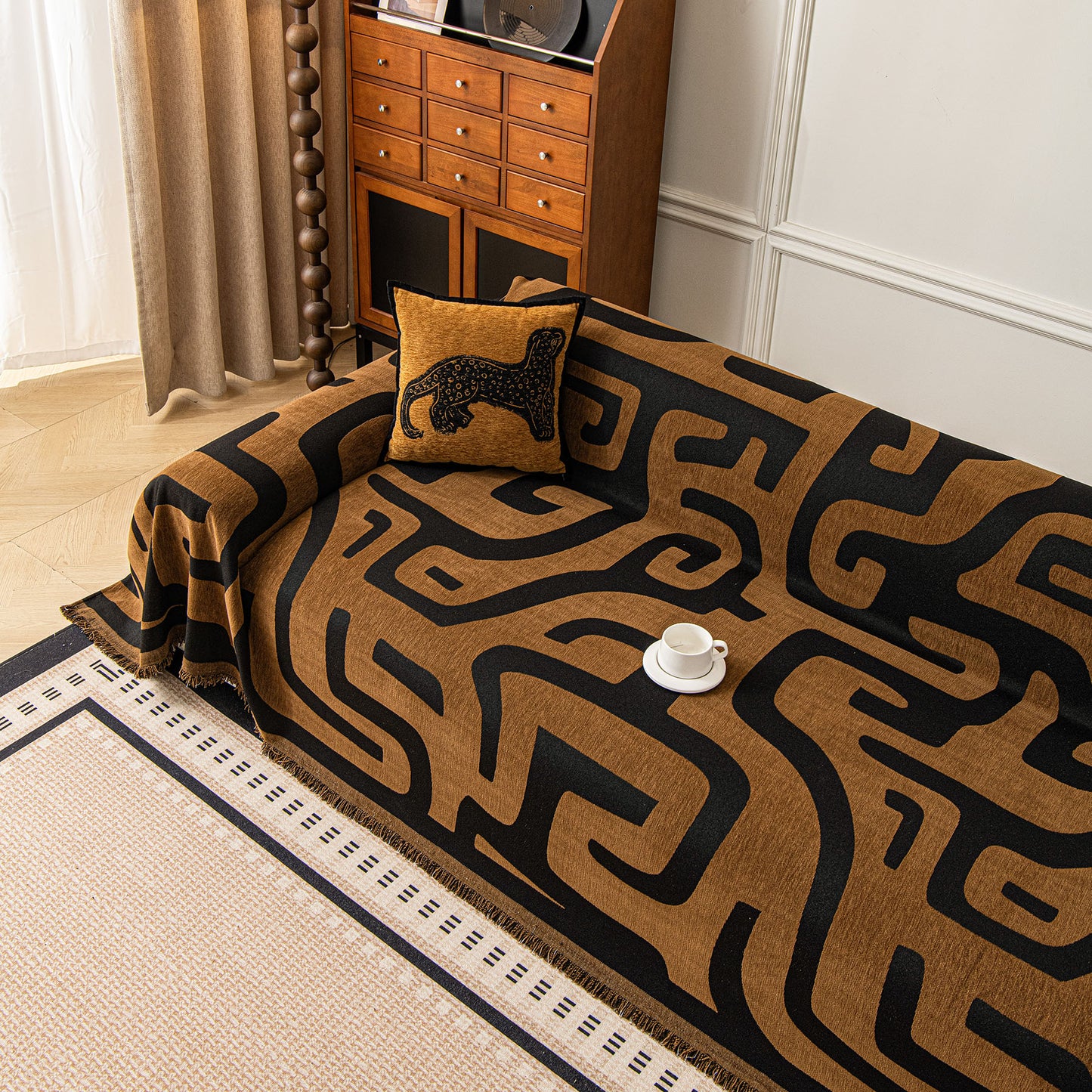 Modern Boho Chenille Sofa Cover Throw Blanket, Abstract Geometric Pattern Couch Cover