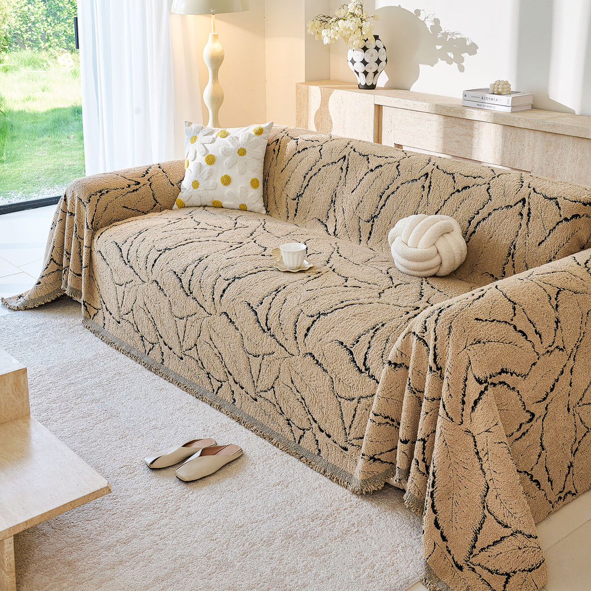 Boho Botanical Plush Sofa Throw Cover, Textured Leaf Pattern Slip Covers for Furniture
