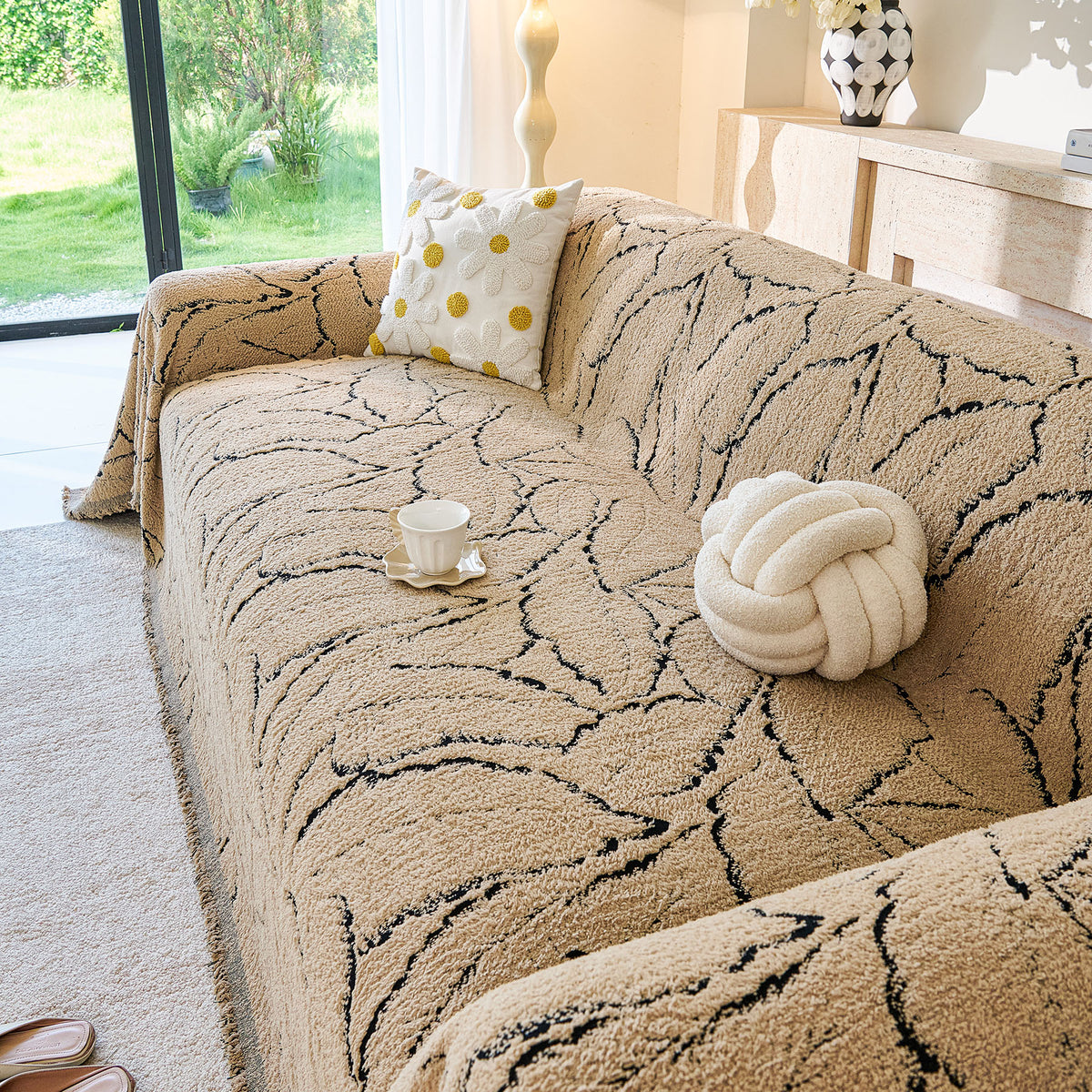 Boho Botanical Plush Sofa Throw Cover, Textured Leaf Pattern Slip Covers for Furniture