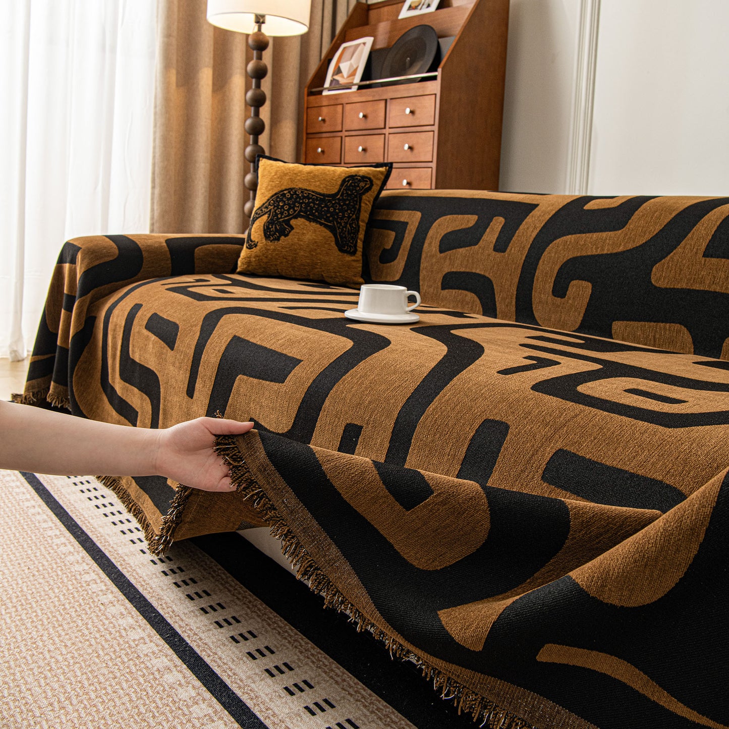 Modern Boho Chenille Sofa Cover Throw Blanket, Abstract Geometric Pattern Couch Cover