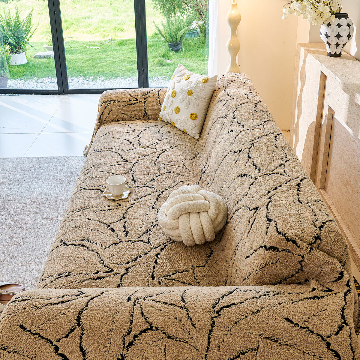 Boho Botanical Plush Sofa Throw Cover, Textured Leaf Pattern Slip Covers for Furniture