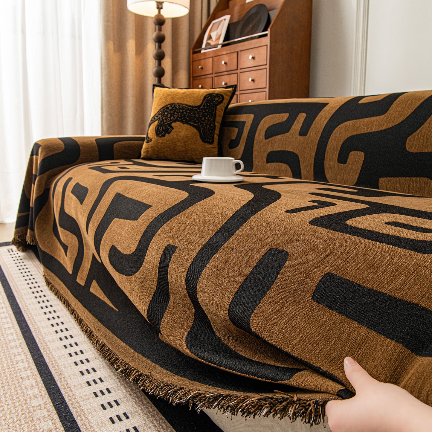 Modern Boho Chenille Sofa Cover Throw Blanket, Abstract Geometric Pattern Couch Cover