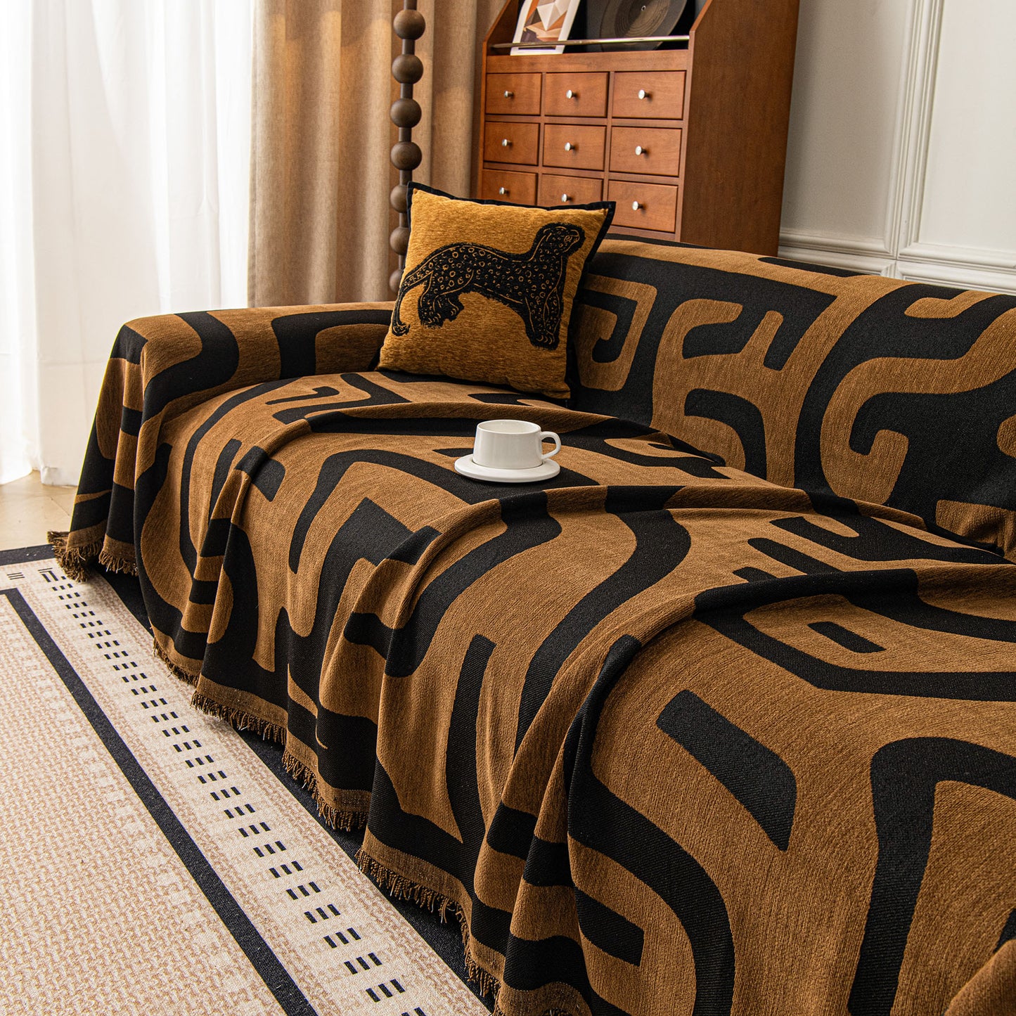 Modern Boho Chenille Sofa Cover Throw Blanket, Abstract Geometric Pattern Couch Cover