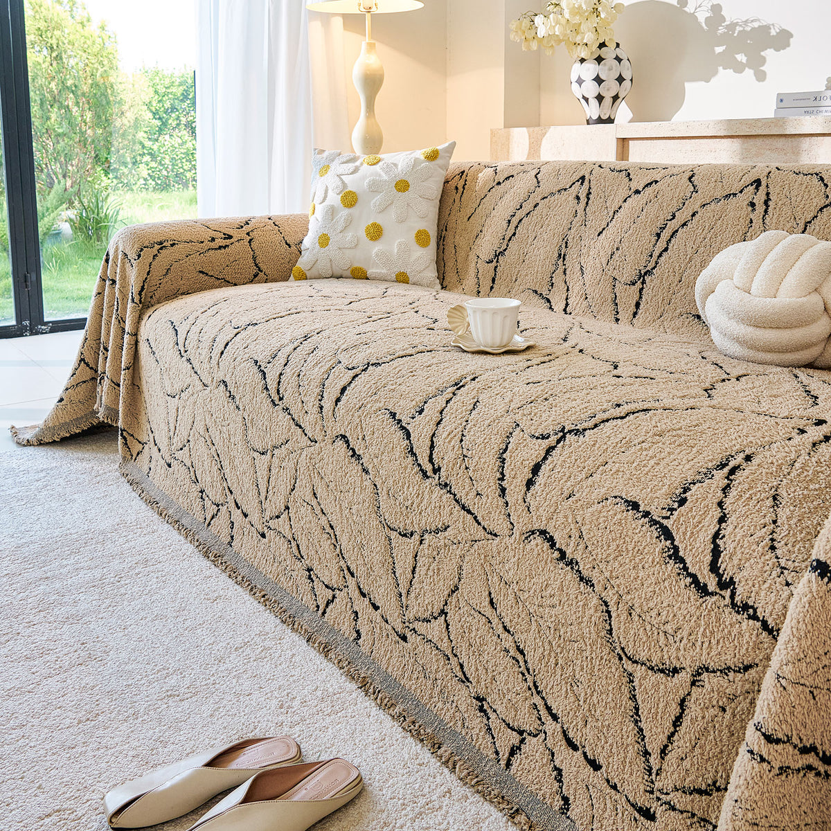Boho Botanical Plush Sofa Throw Cover, Textured Leaf Pattern Slip Covers for Furniture