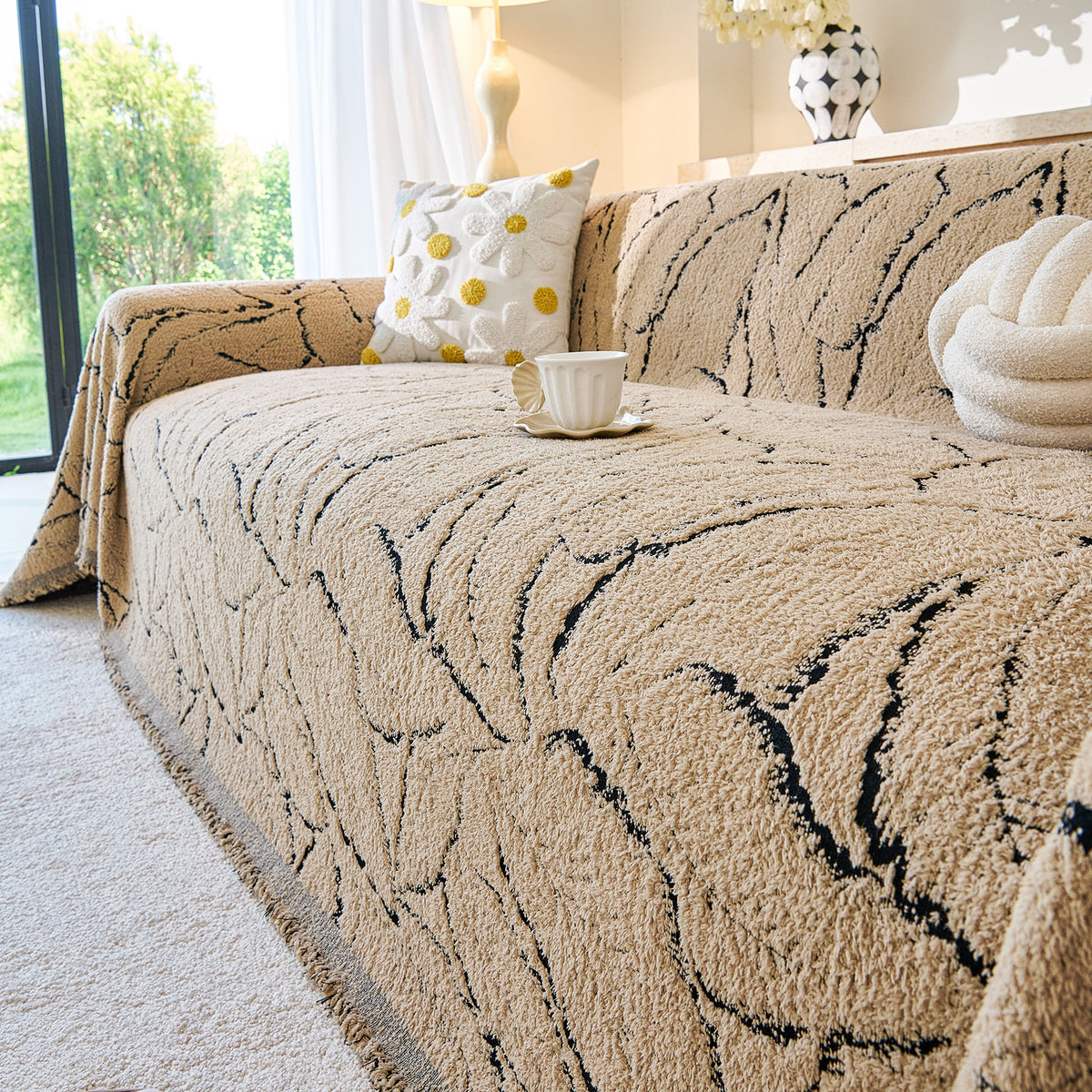 Boho Botanical Plush Sofa Throw Cover, Textured Leaf Pattern Slip Covers for Furniture