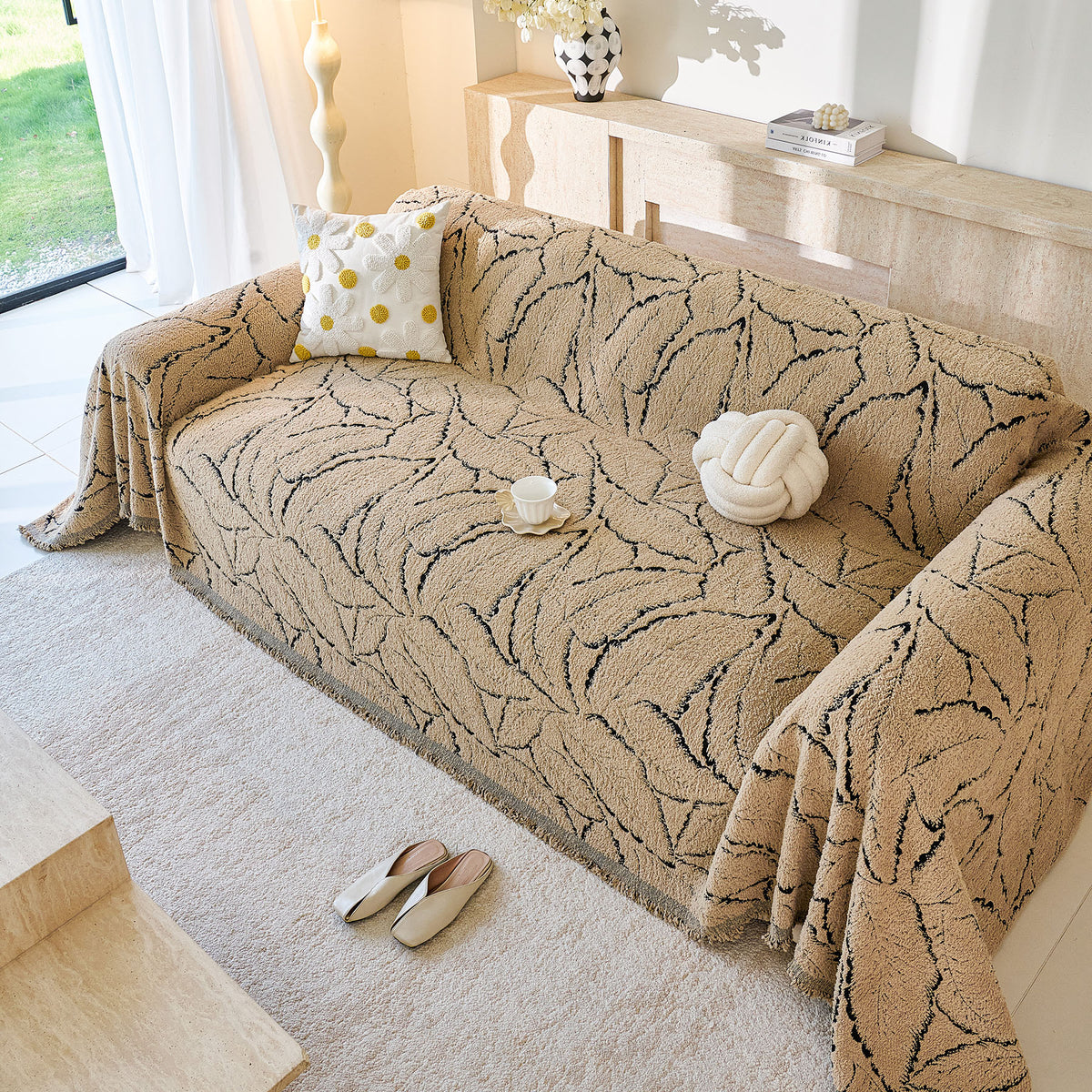 Boho Botanical Plush Sofa Throw Cover, Textured Leaf Pattern Slip Covers for Furniture
