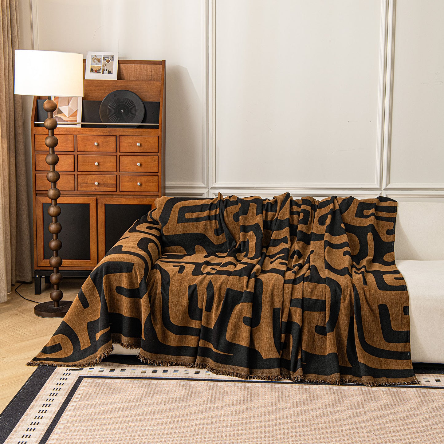 Modern Boho Chenille Sofa Cover Throw Blanket, Abstract Geometric Pattern Couch Cover