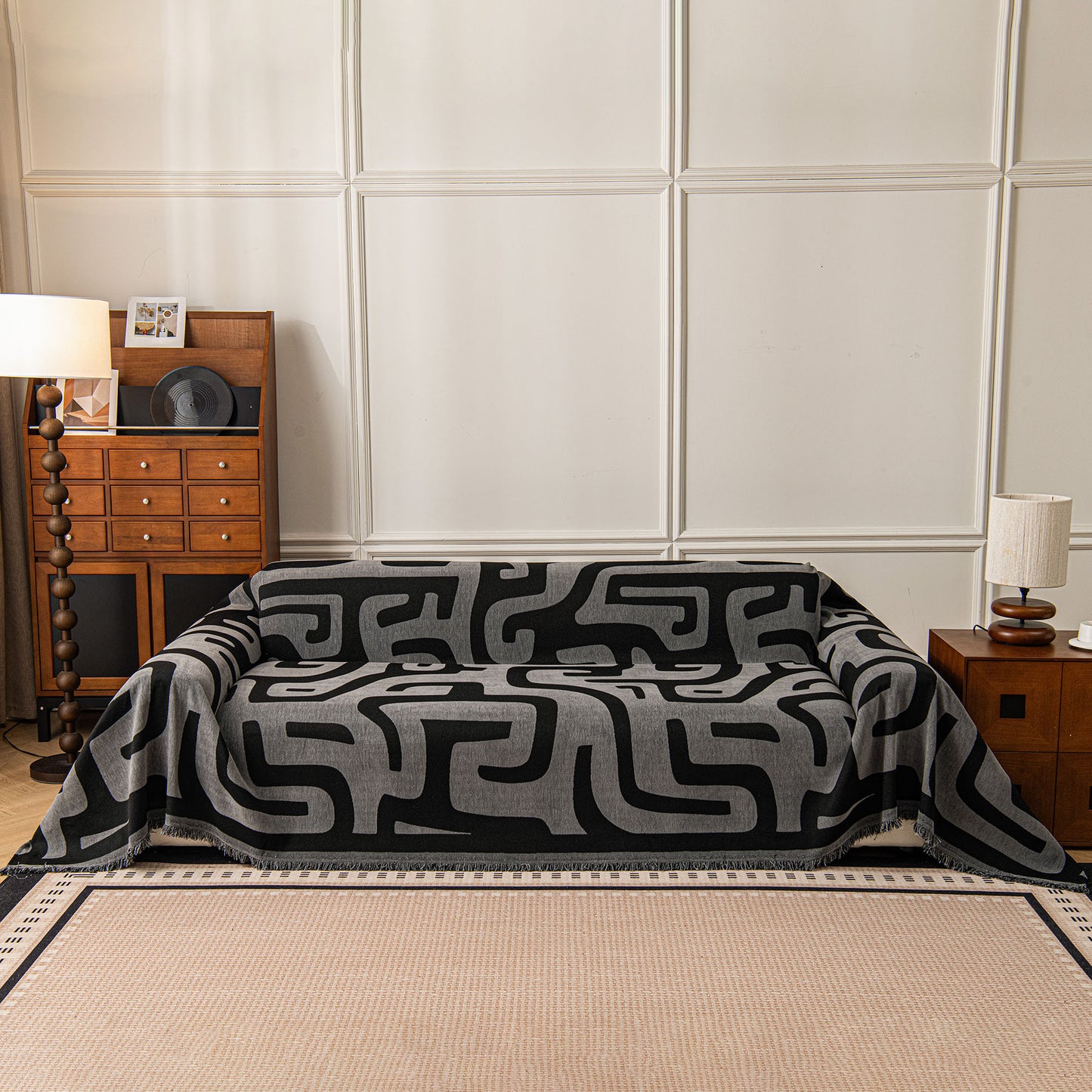 Modern Boho Chenille Sofa Cover Throw Blanket, Abstract Geometric Pattern Couch Cover