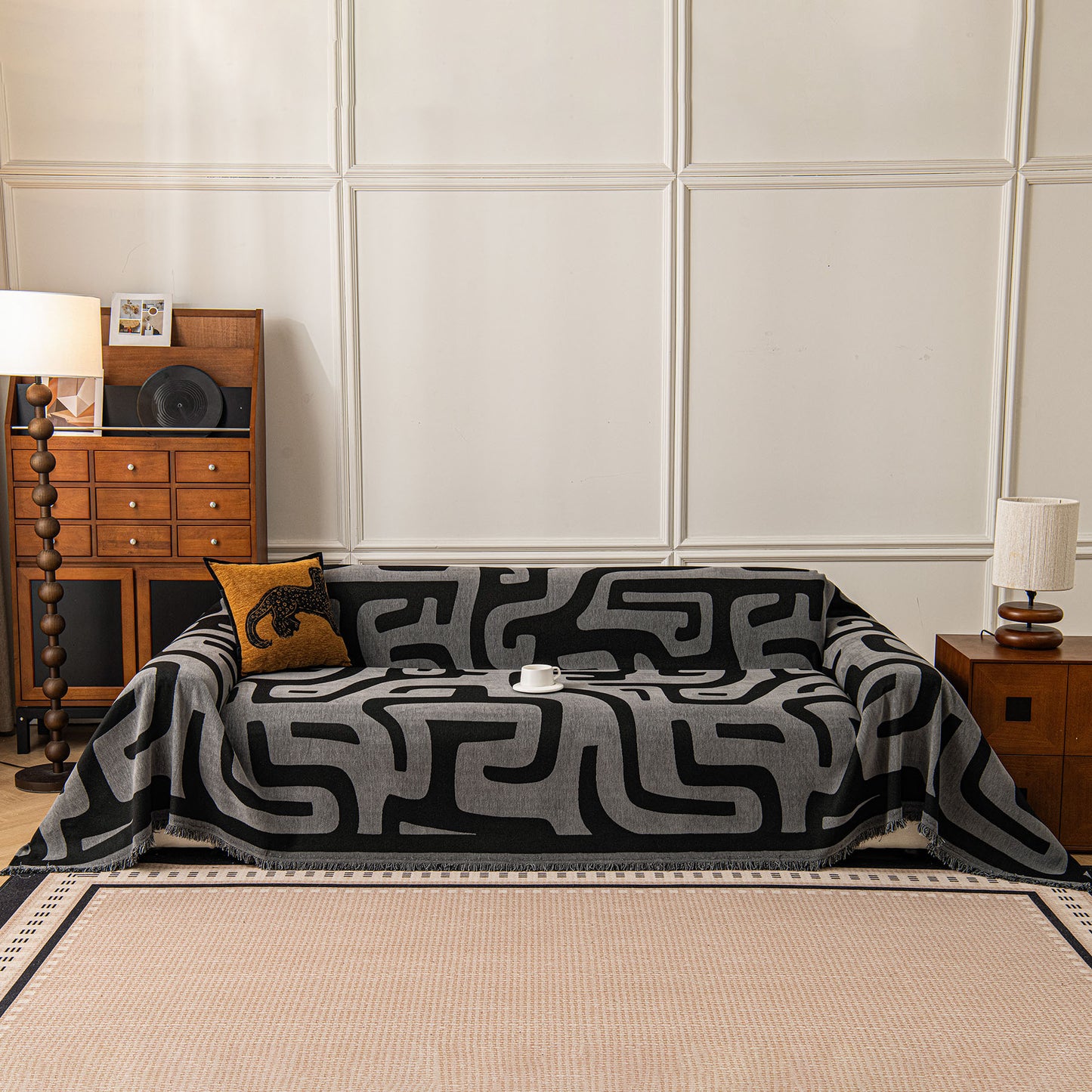 Modern Boho Chenille Sofa Cover Throw Blanket, Abstract Geometric Pattern Couch Cover