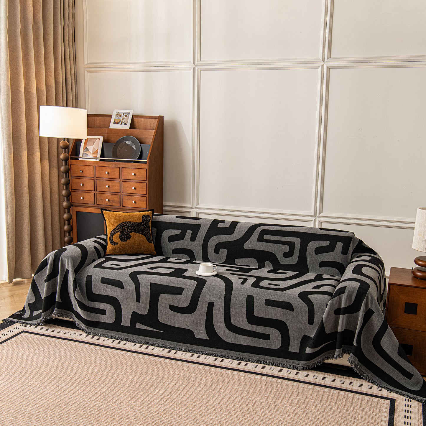 Modern Boho Chenille Sofa Cover Throw Blanket, Abstract Geometric Pattern Couch Cover