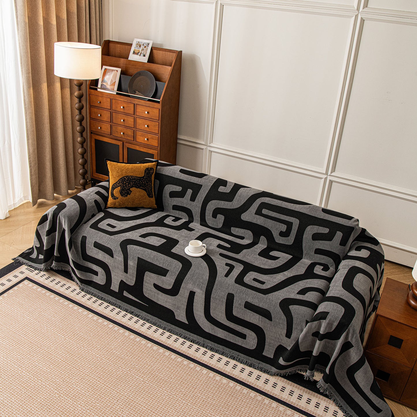 Modern Boho Chenille Sofa Cover Throw Blanket, Abstract Geometric Pattern Couch Cover