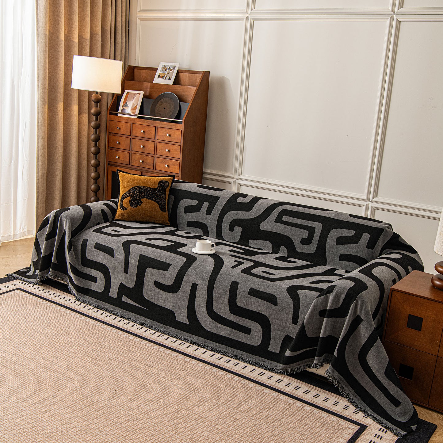 Modern Boho Chenille Sofa Cover Throw Blanket, Abstract Geometric Pattern Couch Cover