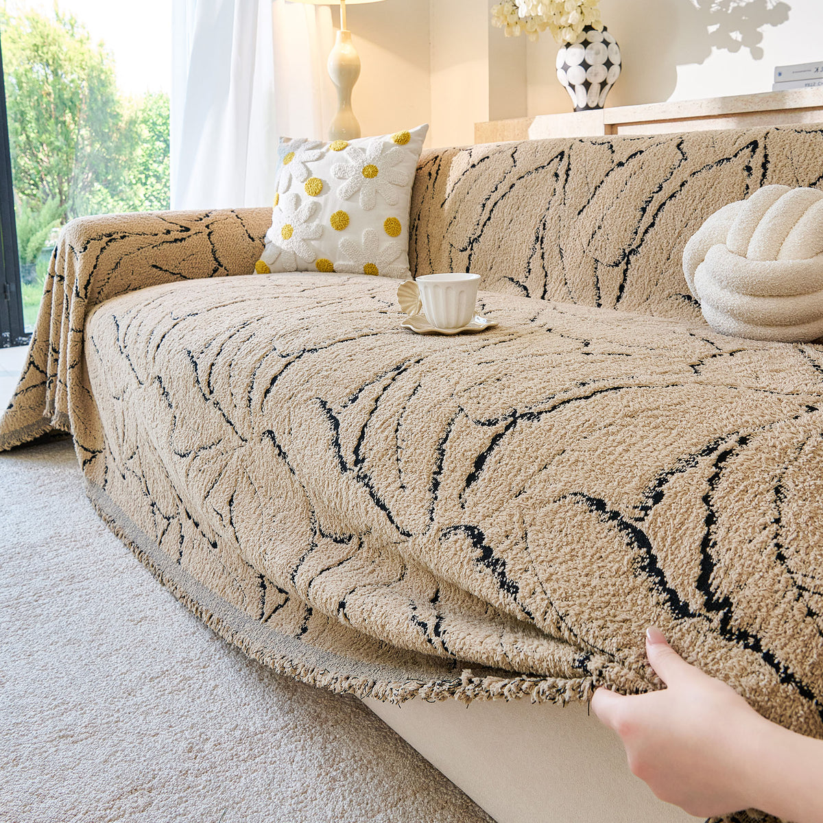 Boho Botanical Plush Sofa Throw Cover, Textured Leaf Pattern Slip Covers for Furniture