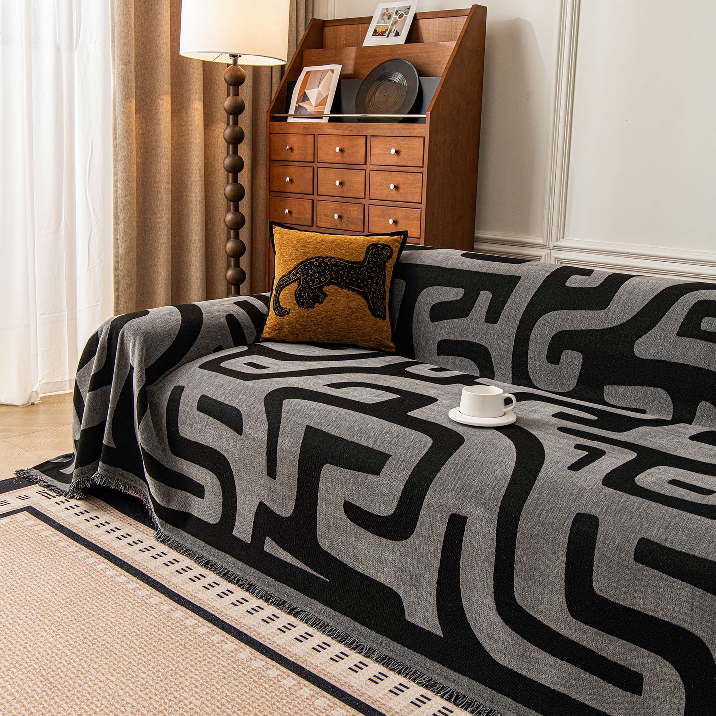 Modern Boho Chenille Sofa Cover Throw Blanket, Abstract Geometric Pattern Couch Cover
