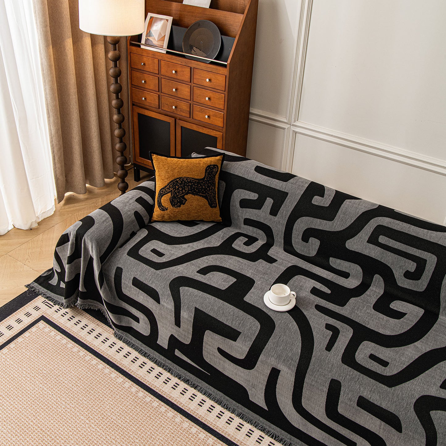 Modern Boho Chenille Sofa Cover Throw Blanket, Abstract Geometric Pattern Couch Cover