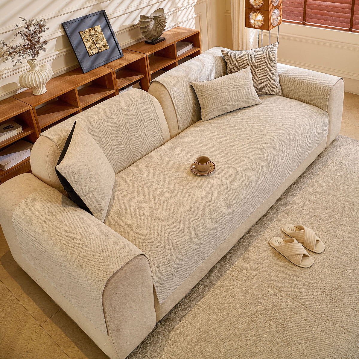 Chenille Herringbone Sofa Protector, Soft Non-Slip Couch Cover with Silicone Backing
