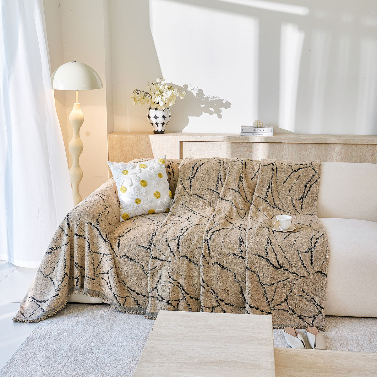 Boho Botanical Plush Sofa Throw Cover, Textured Leaf Pattern Slip Covers for Furniture