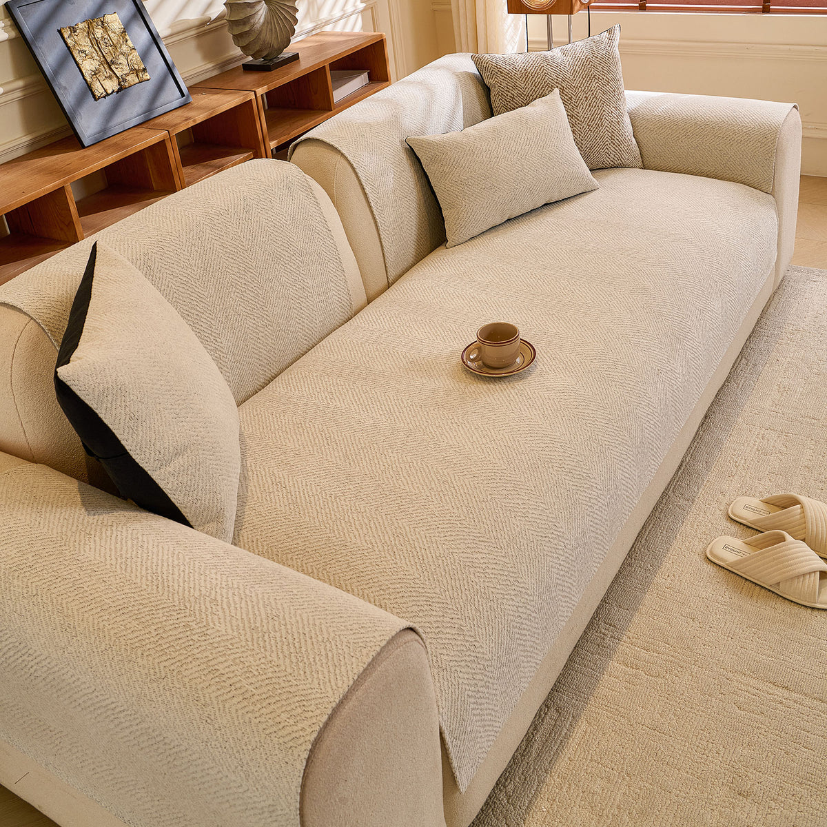 Chenille Herringbone Sofa Protector, Soft Non-Slip Couch Cover with Silicone Backing