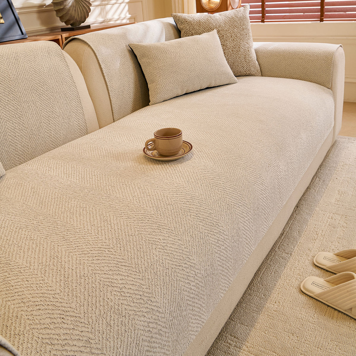 Chenille Herringbone Sofa Protector, Soft Non-Slip Couch Cover with Silicone Backing