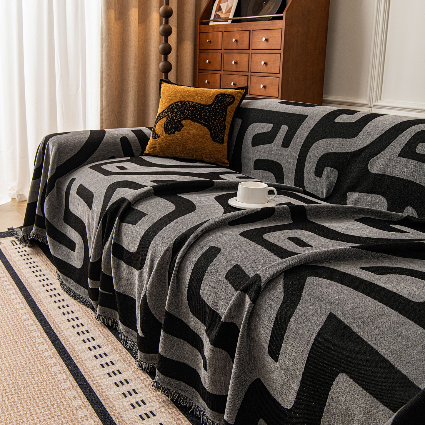 Modern Boho Chenille Sofa Cover Throw Blanket, Abstract Geometric Pattern Couch Cover