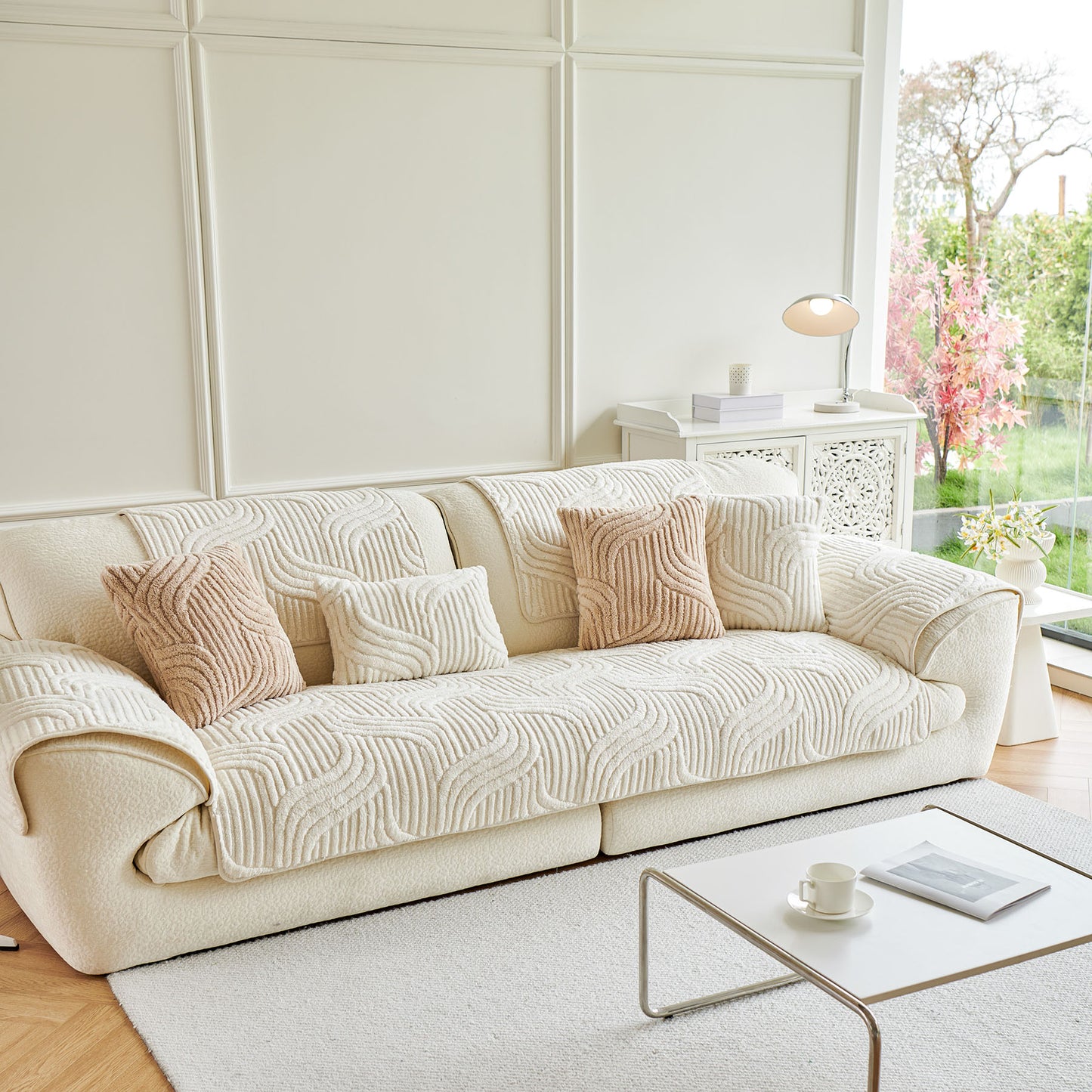 Luxury Plush Non-Slip Sofa Covers, Soft Fuzzy Embossed Sofa Topper & Seat Covers