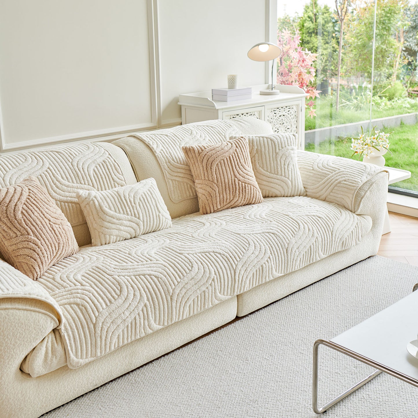 Luxury Plush Non-Slip Sofa Covers, Soft Fuzzy Embossed Sofa Topper & Seat Covers