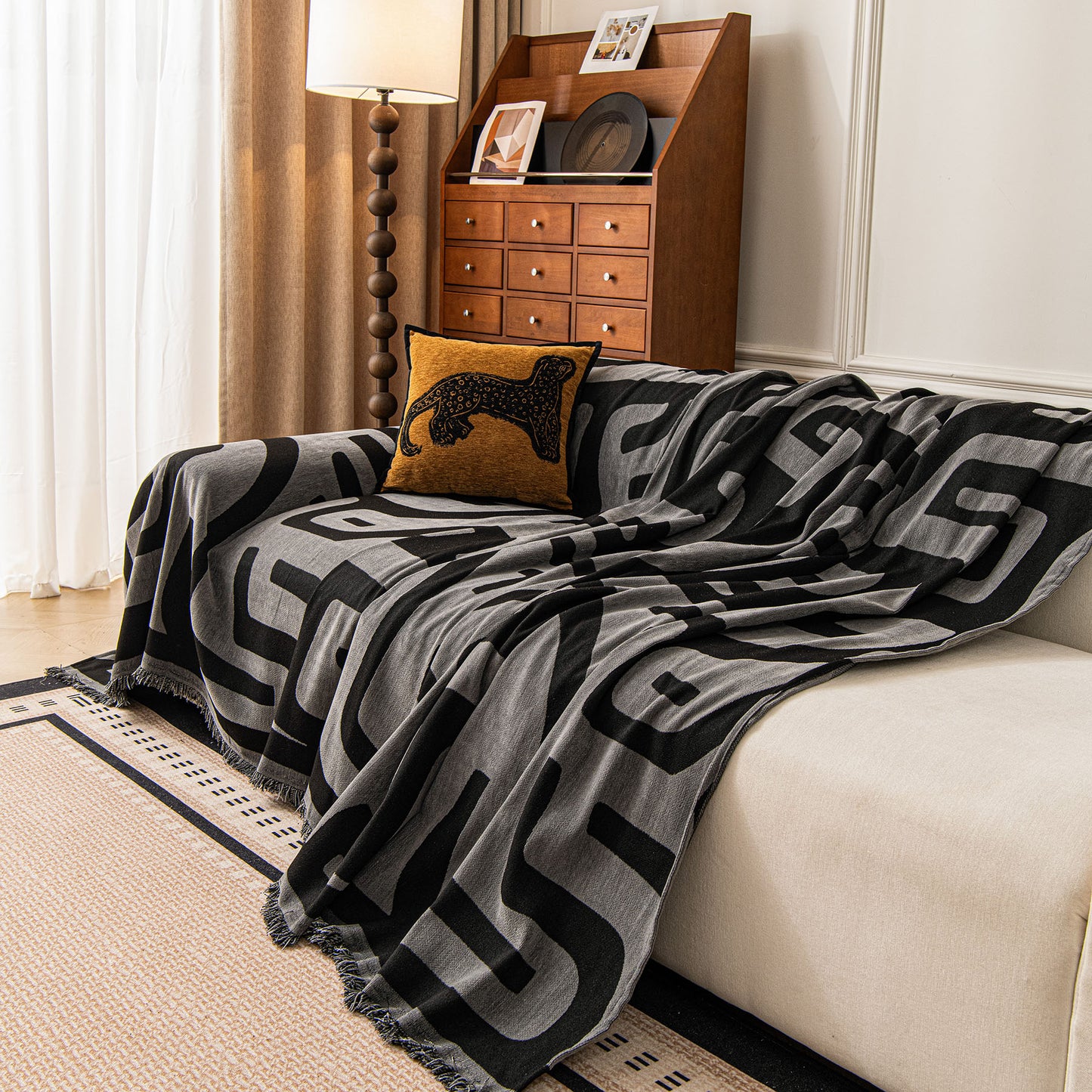 Modern Boho Chenille Sofa Cover Throw Blanket, Abstract Geometric Pattern Couch Cover