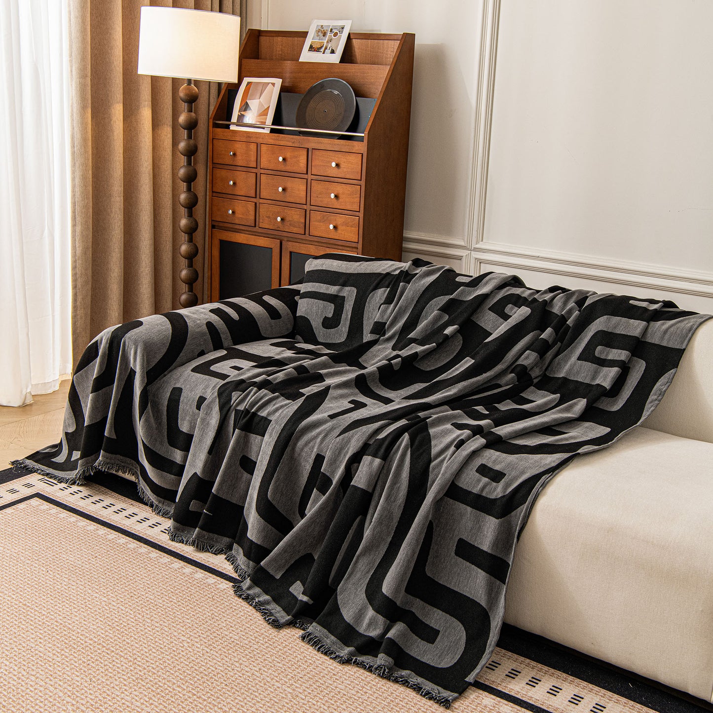 Modern Boho Chenille Sofa Cover Throw Blanket, Abstract Geometric Pattern Couch Cover