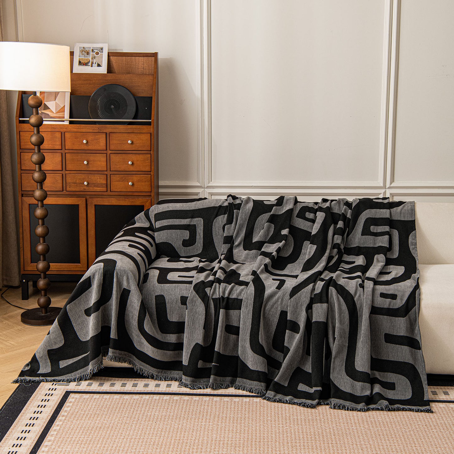 Modern Boho Chenille Sofa Cover Throw Blanket, Abstract Geometric Pattern Couch Cover