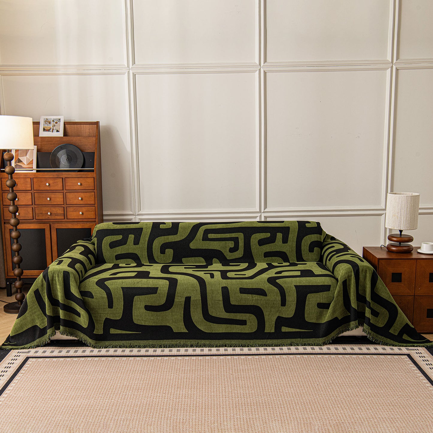 Modern Boho Chenille Sofa Cover Throw Blanket, Abstract Geometric Pattern Couch Cover