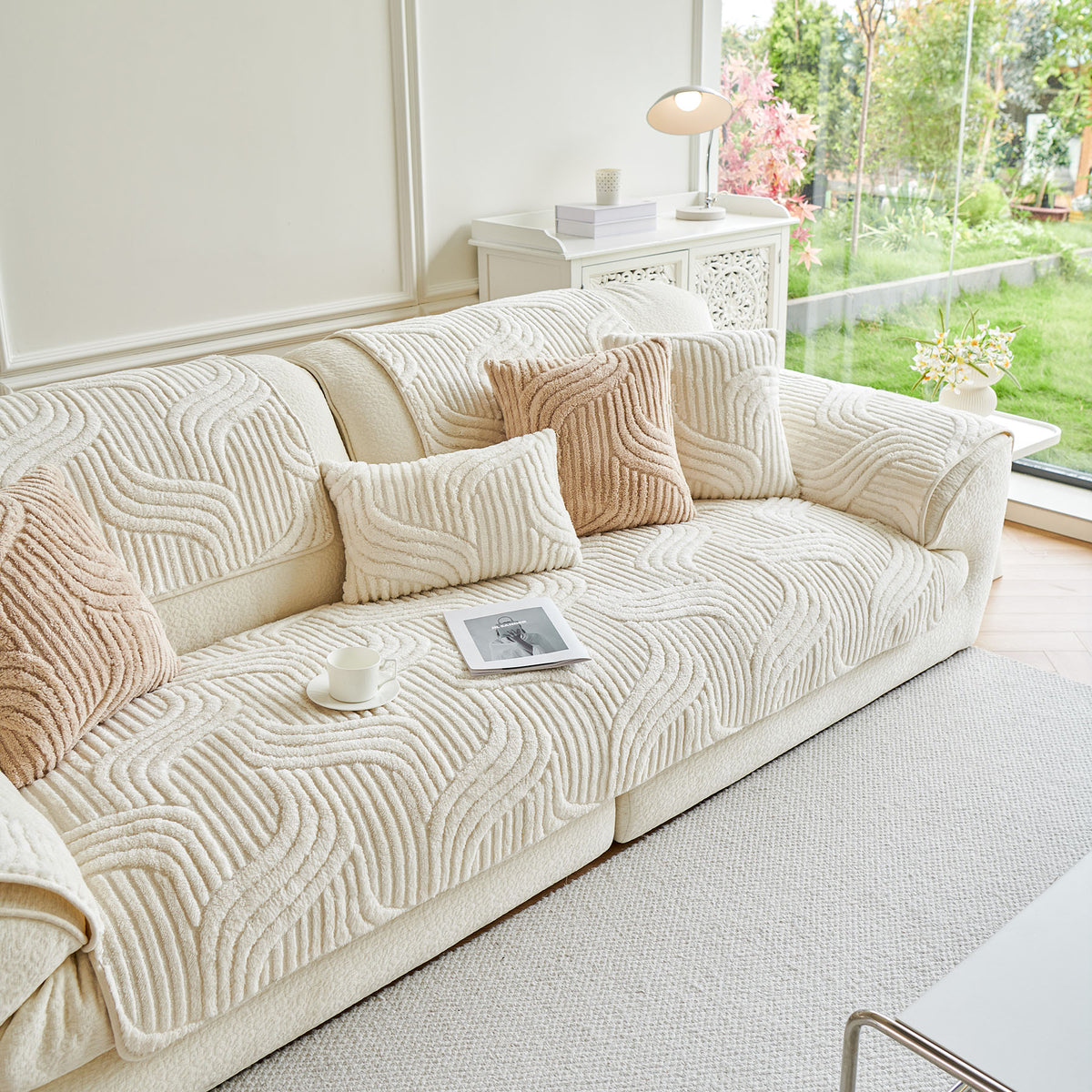 Luxury Plush Non-Slip Sofa Covers, Soft Fuzzy Embossed Sofa Topper & Seat Covers