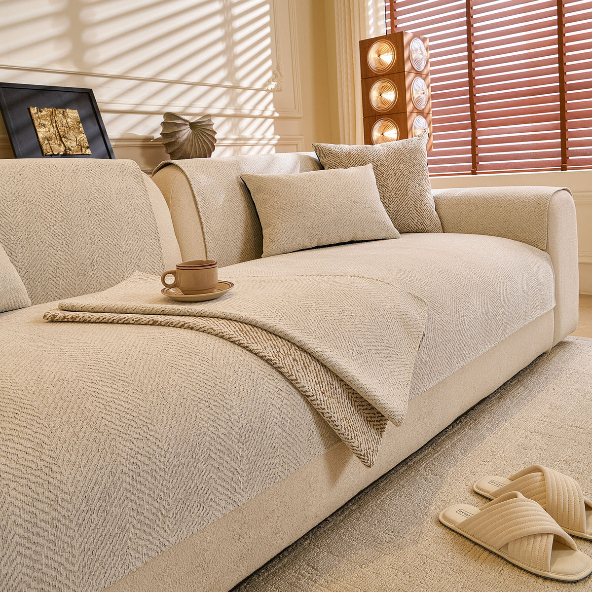 Chenille Herringbone Sofa Protector, Soft Non-Slip Couch Cover with Silicone Backing