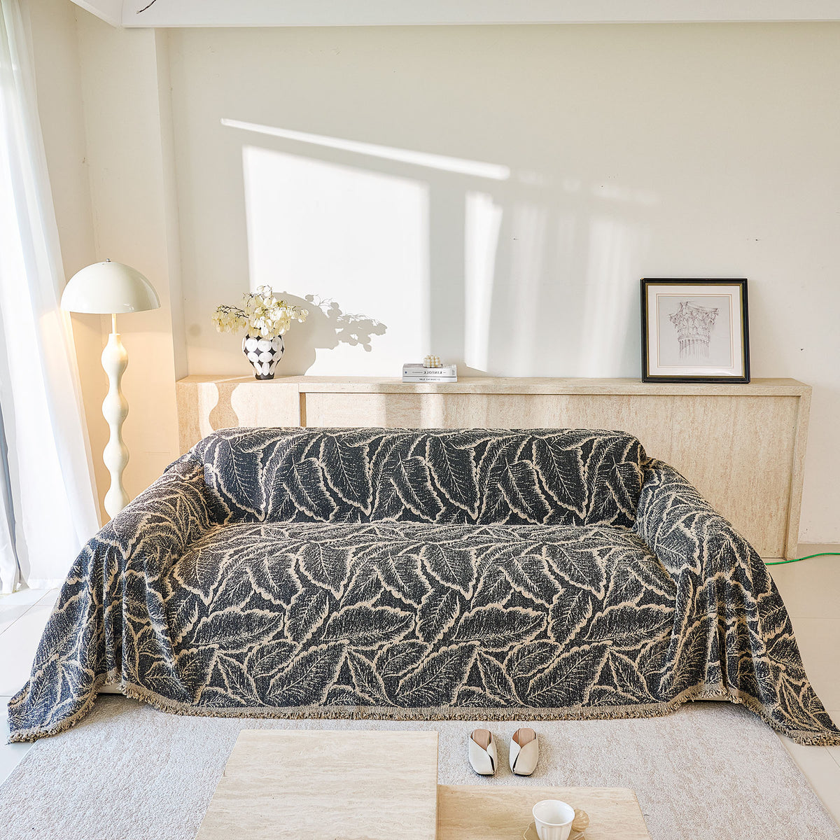 Boho Botanical Plush Sofa Throw Cover, Textured Leaf Pattern Slip Covers for Furniture