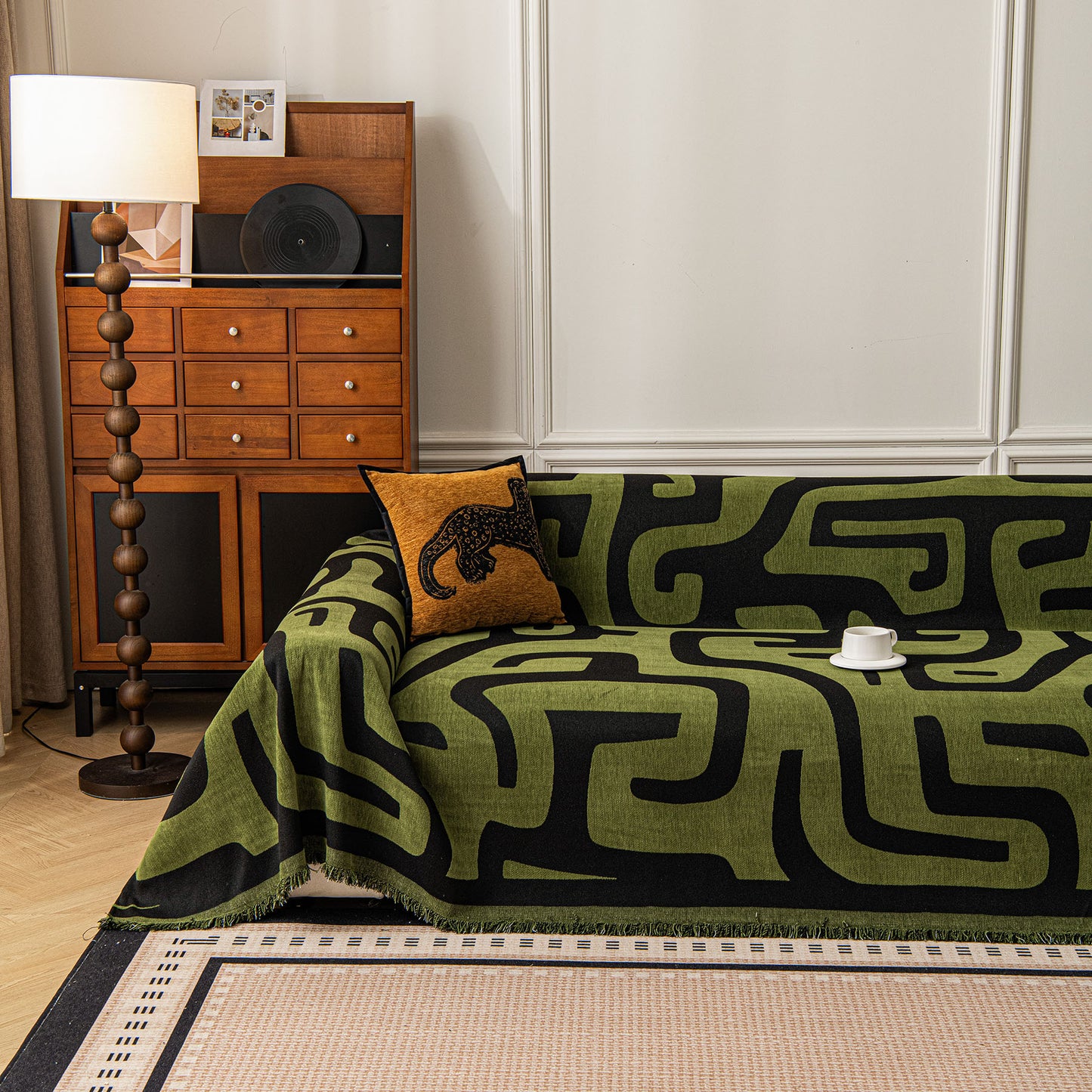 Modern Boho Chenille Sofa Cover Throw Blanket, Abstract Geometric Pattern Couch Cover