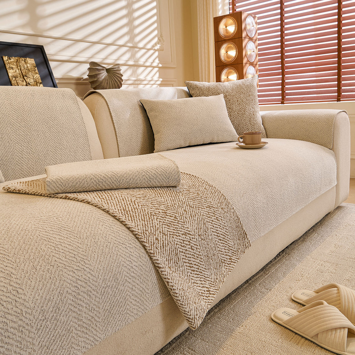Chenille Herringbone Sofa Protector, Soft Non-Slip Couch Cover with Silicone Backing
