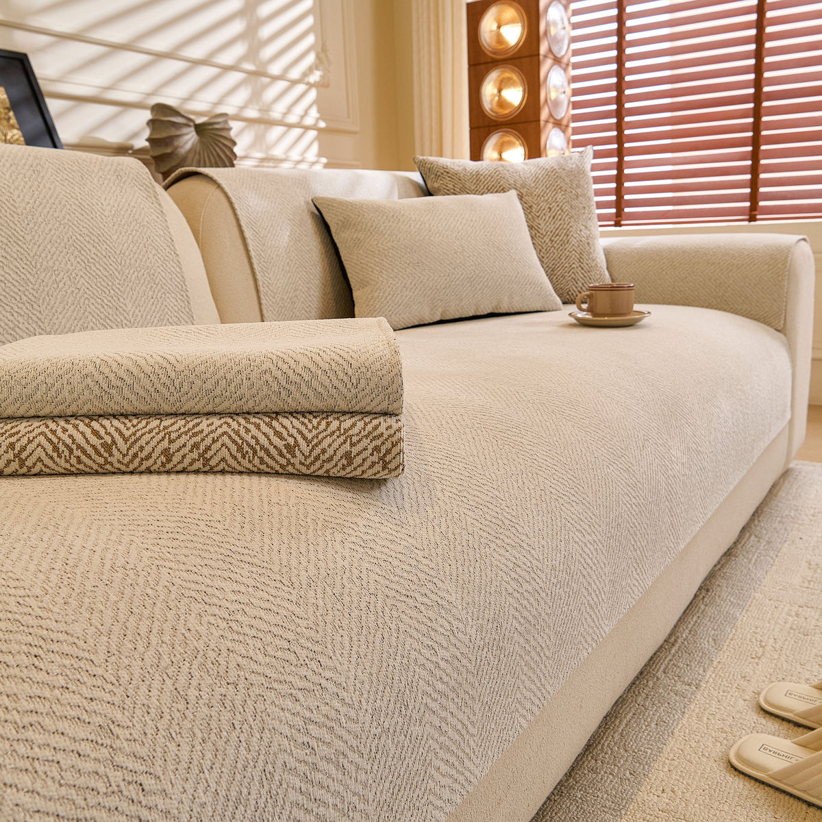 Chenille Herringbone Sofa Protector, Soft Non-Slip Couch Cover with Silicone Backing