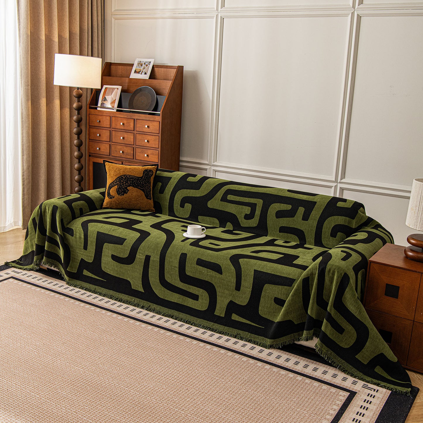 Modern Boho Chenille Sofa Cover Throw Blanket, Abstract Geometric Pattern Couch Cover